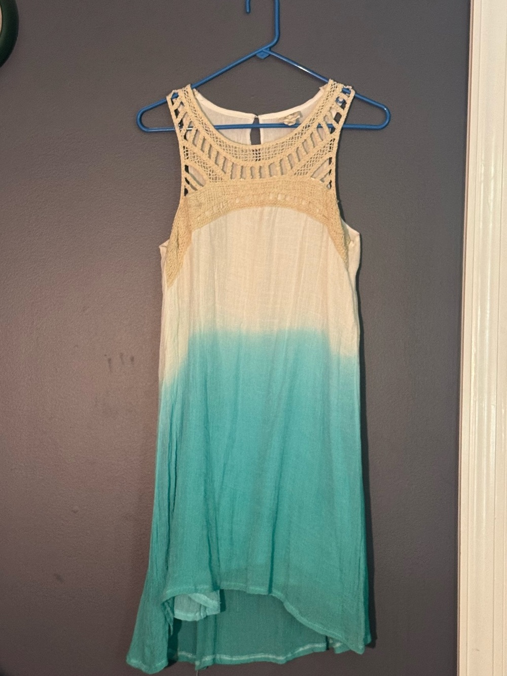 Women's Crochet Yoke Ombre Swim Coverup Dress - Cream to Teal